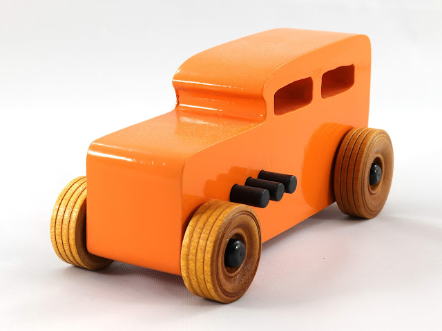 Handmade Wooden Toy Car Hot Rod 1932 Ford Sedan From the Hot Rod Freaky Ford Series Orange & Black