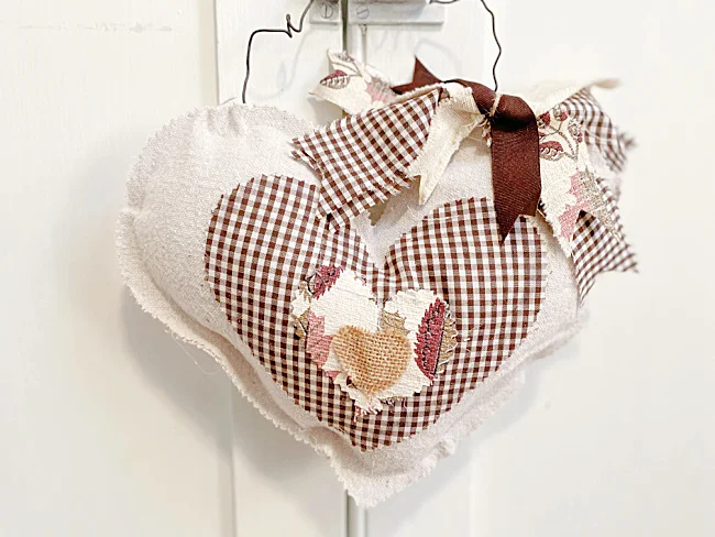 stuffed drop cloth heart with layers of brown