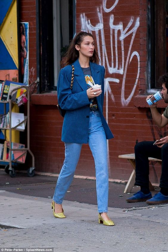 Bella Hadid Graphic T Shirt Blue Stripe Blazer Vintage High Waist Jeans