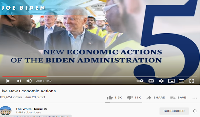 Video giới thiệu 5 Chính sách Kinh tế mới của Chính quyền Biden đăng trên Youtube Nhà Trắng nhận được 1.500 Like và 11.000 Dislike.