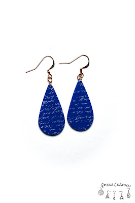 Boucles oreilles pâte polymère Silk Screen Moiko Mokume Gane Bleu Sahara Feuilles métallique bleues Cernit Fimo Stenna Création