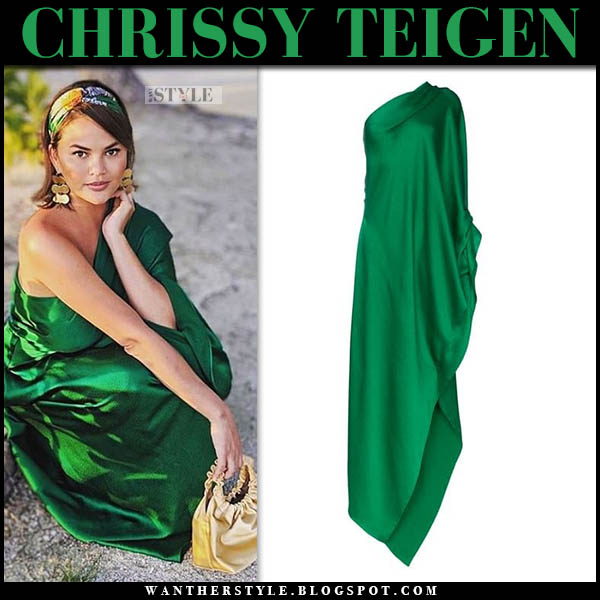 Chrissy Teigen In Green One Shoulder Dress On January 5