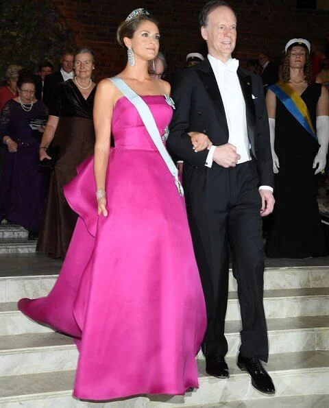 Queen Silvia in Elie Saab. Crown Princess Victoria in Camilla Thulin. wearing Angel Sanchez in pink. Princess Sofia diamond tiara