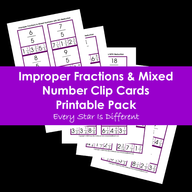 Improper Fractions & Mixed Number Clip Cards Printable Pack