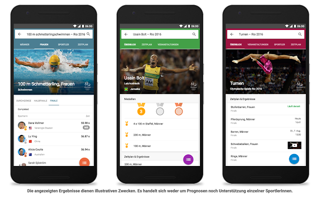 Drei Smartphones zeigen die Google Onebox zu den olympischen Spielen