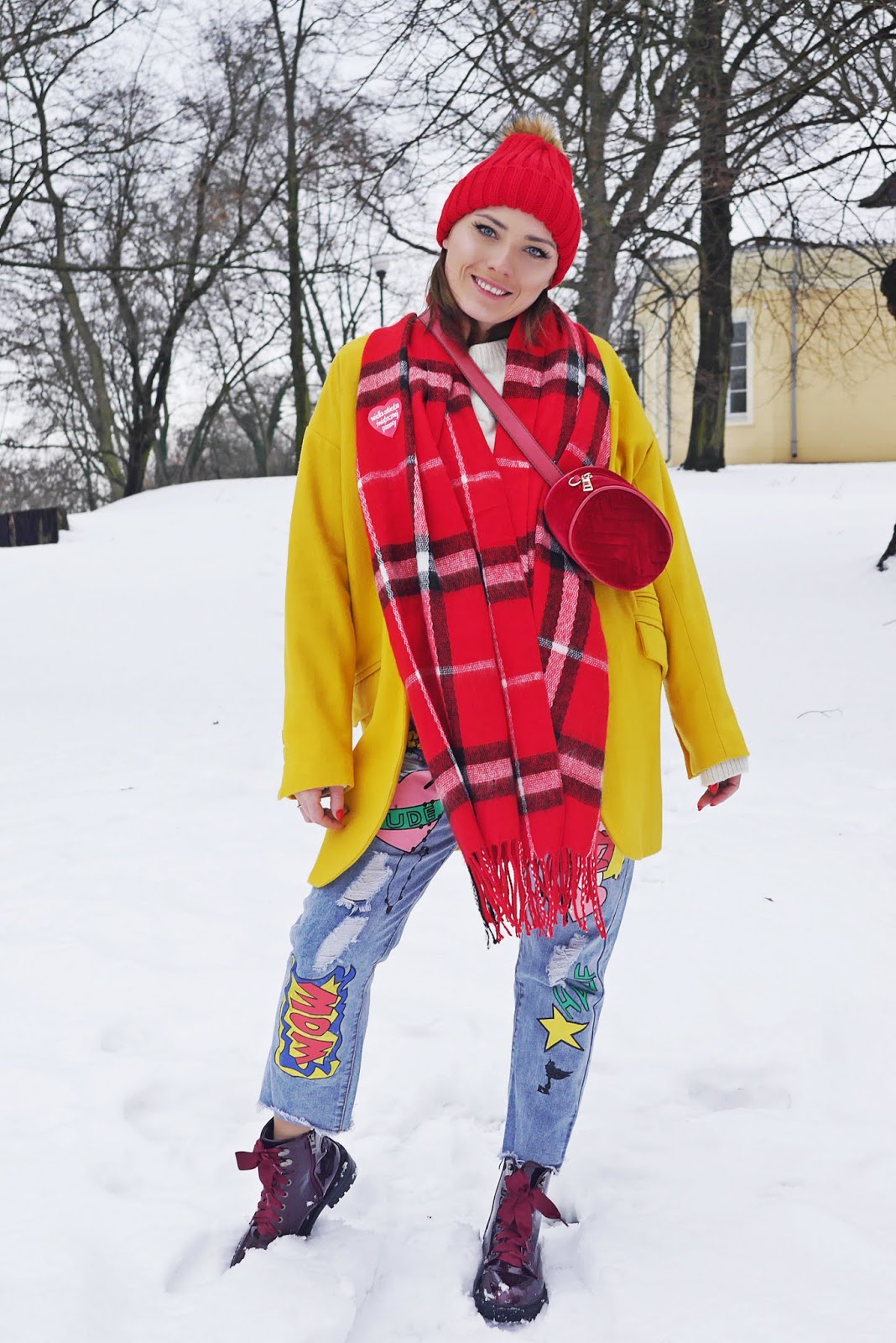 yellow coat embroidery boots red plaid scarf karyn fashion blogger outfit