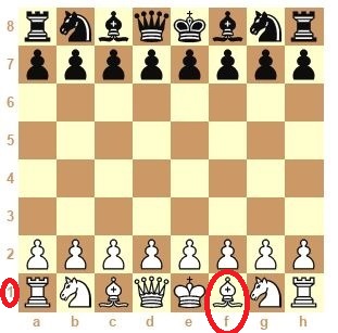 L'échiquier (tablier ou plateau du jeu d'échecs) le fou blanc est en f1.