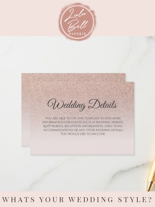 Classy Rose Gold Faux Glitter Script Wedding Details Enclosure Cards