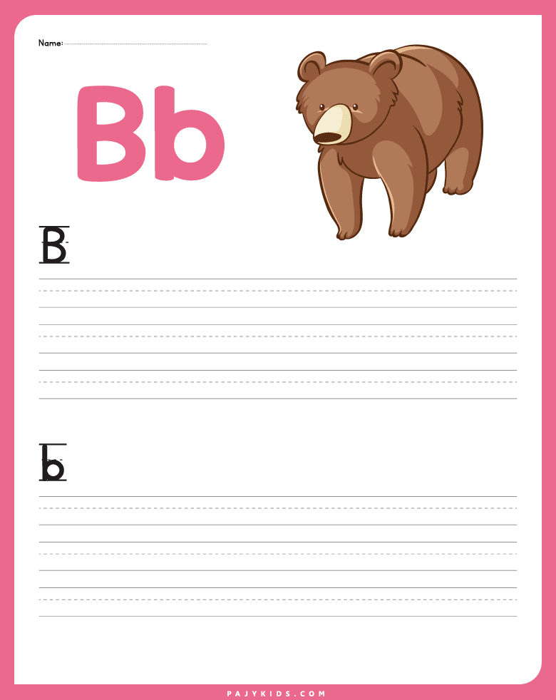 تعليم كتابة حرف b للاطفال من خلال تتبع النقاط وتكرار كتابة حرف b كبتل وسمول، يساعد في التعرف على الفرق بين الأحرف الكبيرة والصغيرة، كذلك التمرن على التحكم في القلم واكتساب مهارة الكتابة.