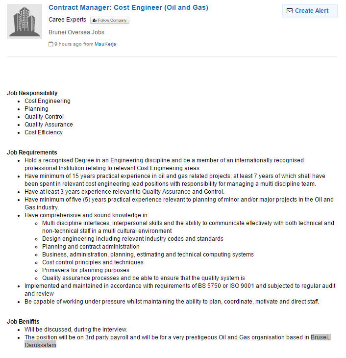 Oil &Gas Vacancies Contract Manager Cost Engineer Brunei Darussalam