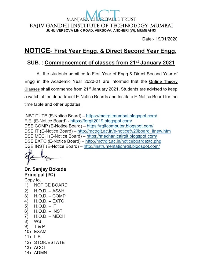 Computer Engineering MCT'S RGIT MUMBAI Commencement of Classes First