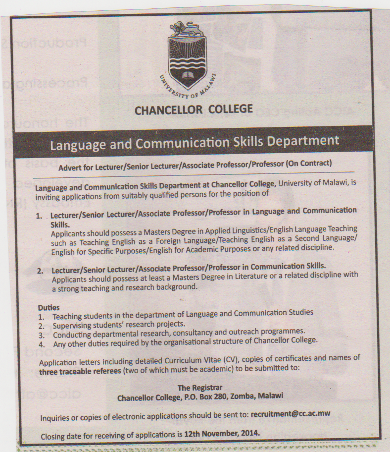 LECTURER JOBS AT UNIVERSITY OF MALAWI - OCT 2014