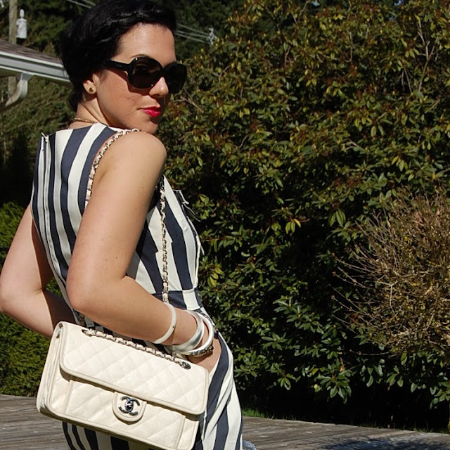 Vertical striped dress and Chanel flap bag