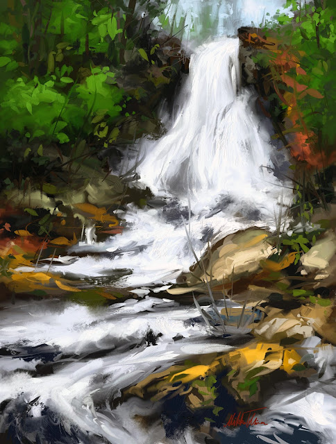 Waterfall digital landscape painting by Mikko Tyllinen