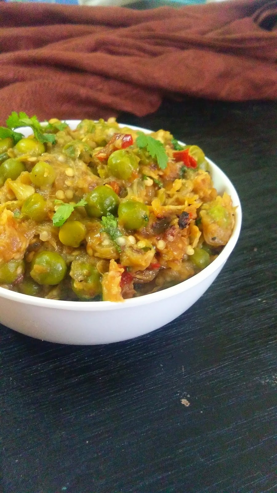 Hema's Musings Baingan Bharta with Green peas/Hari Matar