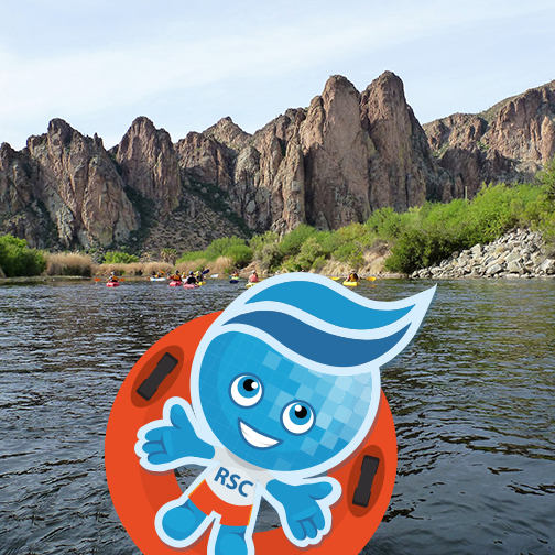 Rio mascot Splash floating down the Salt River Canyon