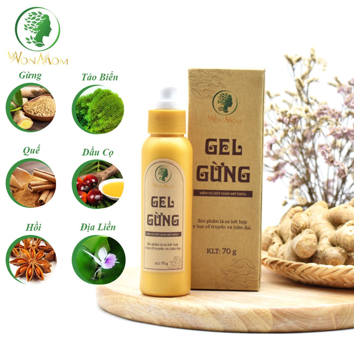 BỘ CHĂM SÓC HỒI XUÂN CHO MẸ, EO THON, DÁNG ĐẸP, SE KHÍT VÙNG KÍN WONMON (GEL GỪNG GIẢM EO + THẢO MỘC XÔNG VÙNG KÍN)