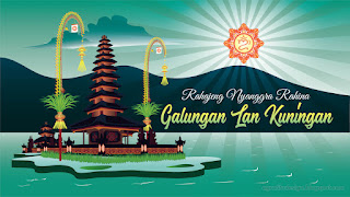 Green Balinese Hindu Holiday Greeting Rahajeng Nyanggra Rahina Galungan With Ulun Danu Temple
