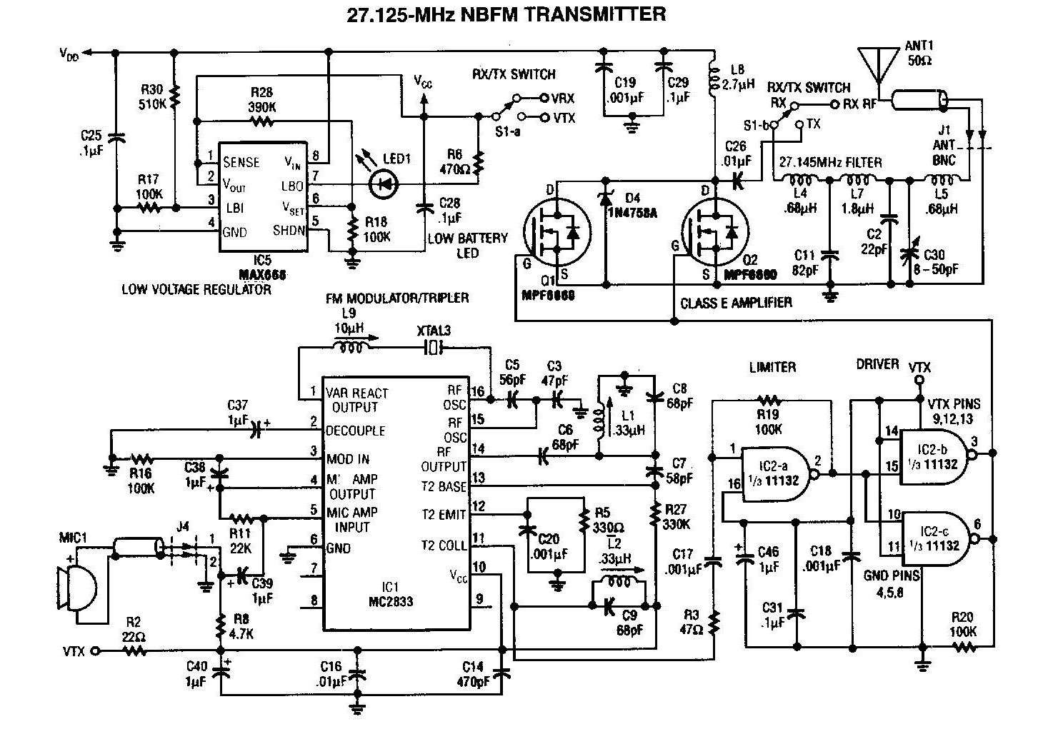 Rádio DX: Circuito esquema transmissor de 27.125 Mhz modulação FM.