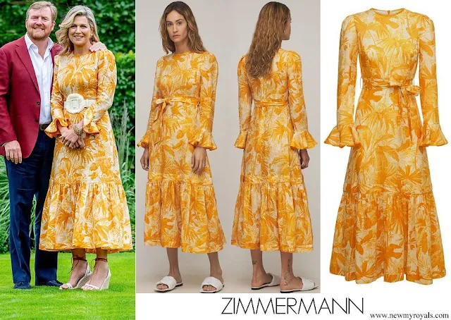 Queen Maxima wore ZIMMERMANN Mae Belted Ruffled Printed Linen Midi Dress in Saffron