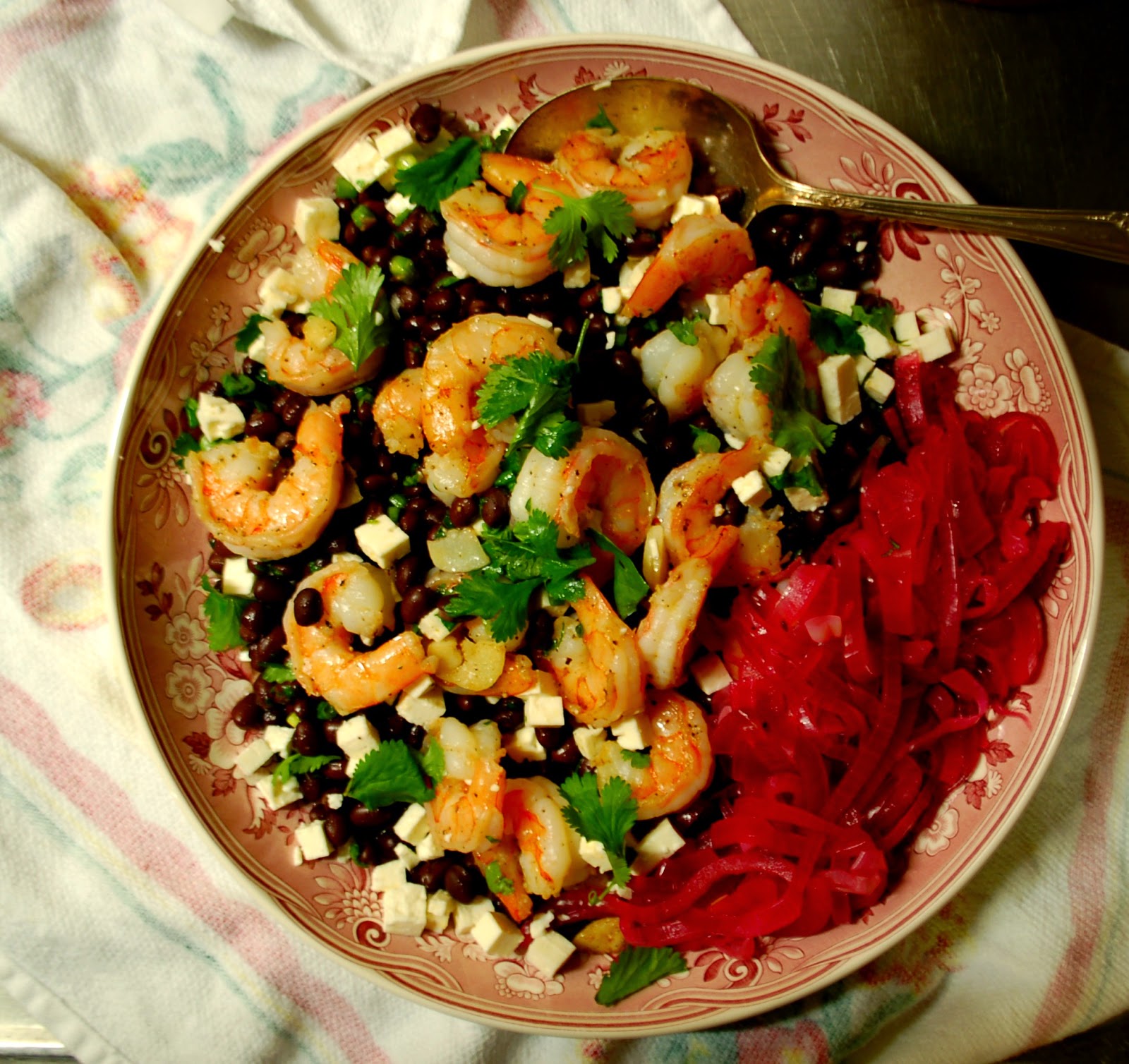 The Spice Garden Black Bean Salad with Shrimp and Pickled Onions
