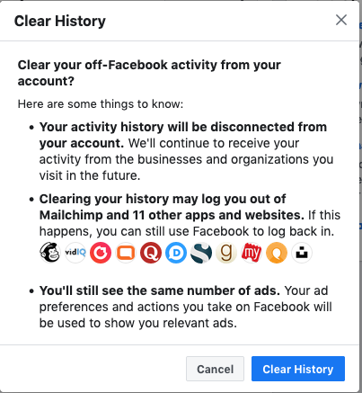 Borrar historial - Fuera de la actividad de Facebook
