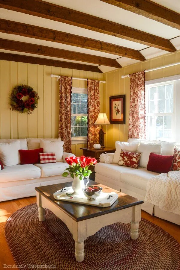Red Floral Curtain Panels In The Living Room