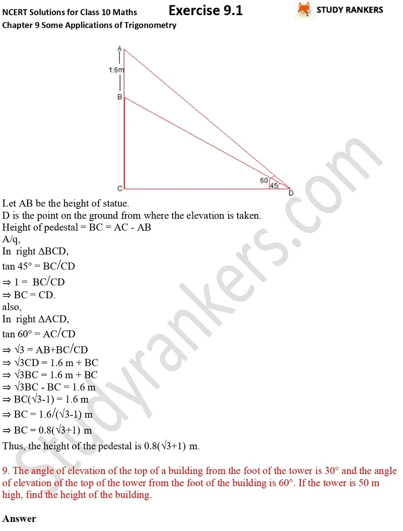 NCERT Solutions for Class 10 Maths Chapter 9 Some Applications of Trigonometry Exercise 9.1 Part 6