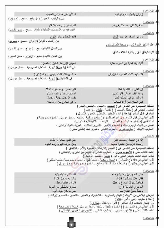 ١٠٠ سؤال في البلاغة بالنظام الجديد تالتة ثانوي - مجاب عنهم 6