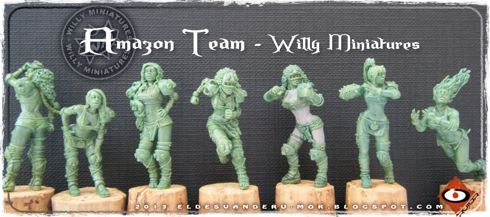 Foto de varias miniaturas del Equipo Blood Bowl de Amazonas de WILLY Miniatures hechas por ªRU-MOR. Catcher, Blitzers, thrower and linewoman, fantasy football