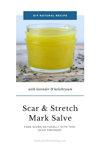 Homemade scar treatment salve with helichrysum and lavender essential oil. This scar salve recipe has moringa, rosehip oil, beeswax and shea butter to fade scars with natural ingredients. This recipe is best for scars on your body or face, even from acne. It fades new and old scars, but old scars will take longer.  Make a DIY salve to fade scars and stretch marks. #salve #diy #scarsalve #helichrysum