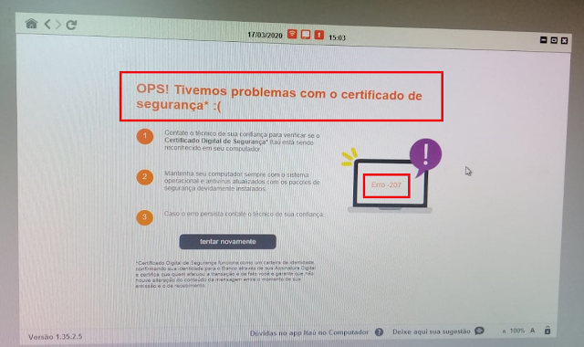 Imagem: Mensagem de erro do app itaú certificado de segurança.