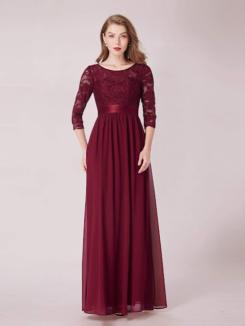 See-Through Floor Length Lace Evening Dress with Half Sleeve