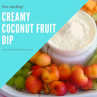 Creamy Coconut Fruit Dip:  With only 3 ingredients you can have a delicious creamy coconuty fruit dip that pairs with any fruit! Slice of Southern