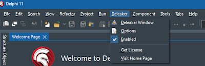 Screen-shot of the Deleaker menu in the Delphi 11 menu bar