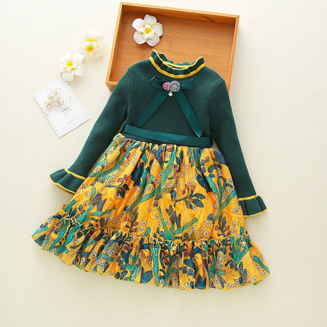 Botanical Print Trumpet Sleeve Sweater Dress