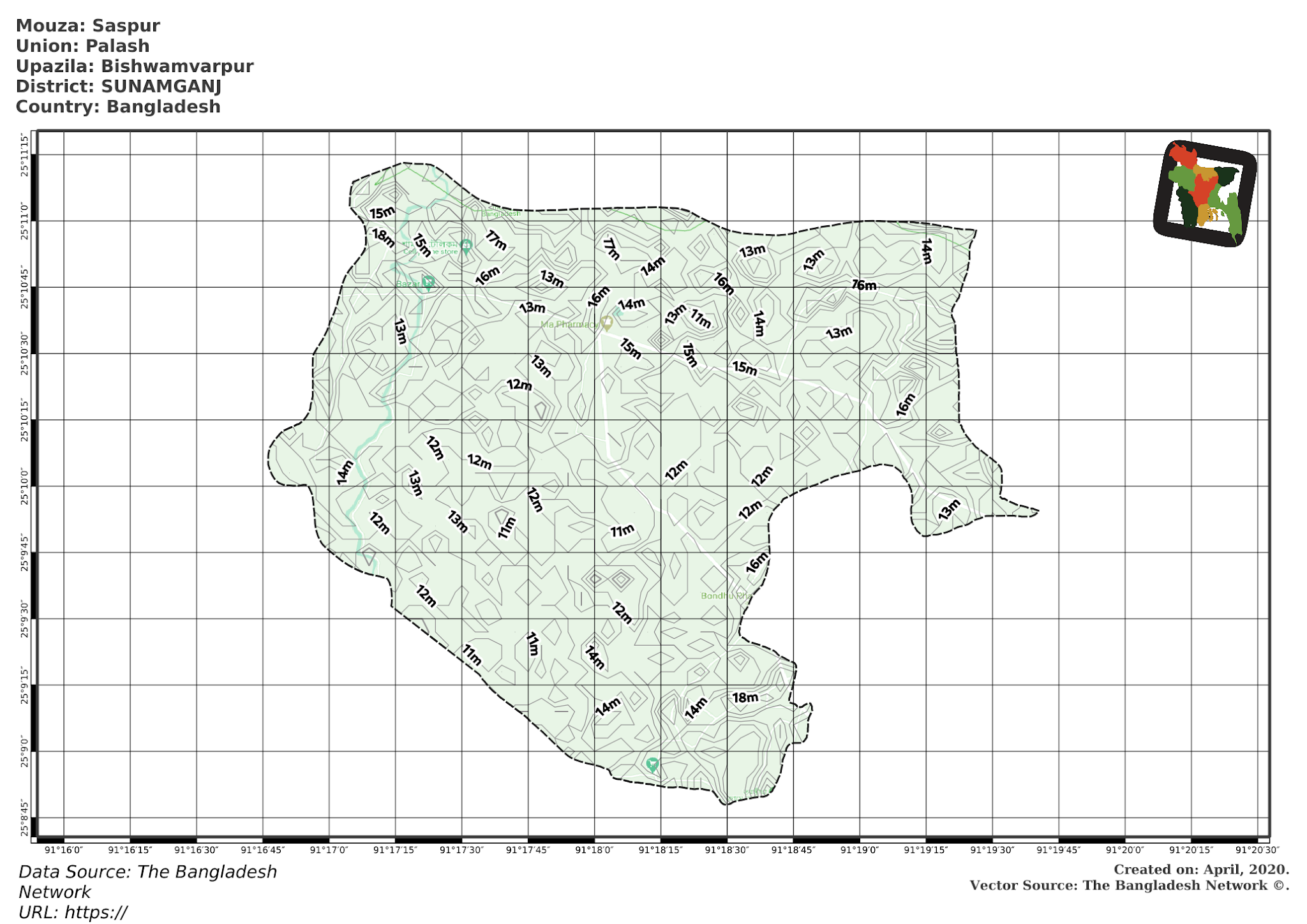 Map of Saspur Mouza of Bishwamvarpur Upazila, SUNAMGANJ, Bangladesh.