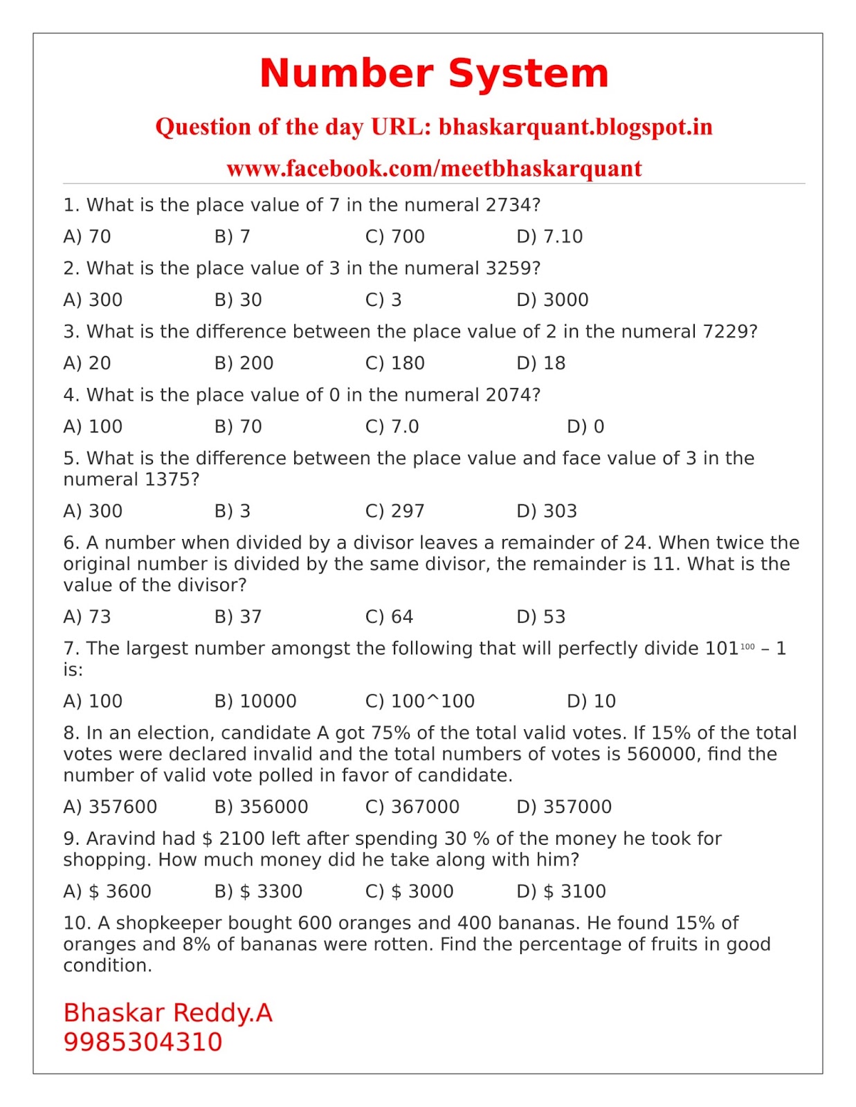 Bhaskar Reddy Ankireddypalli Aptitude Classes Number System Sample Questions