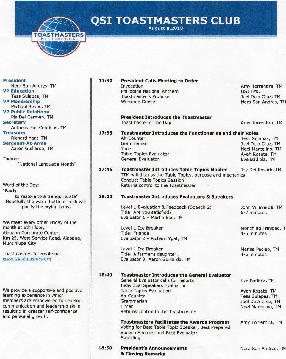 Toastmasters Speeches: QSI Toastmasters Club Visit - 2nd