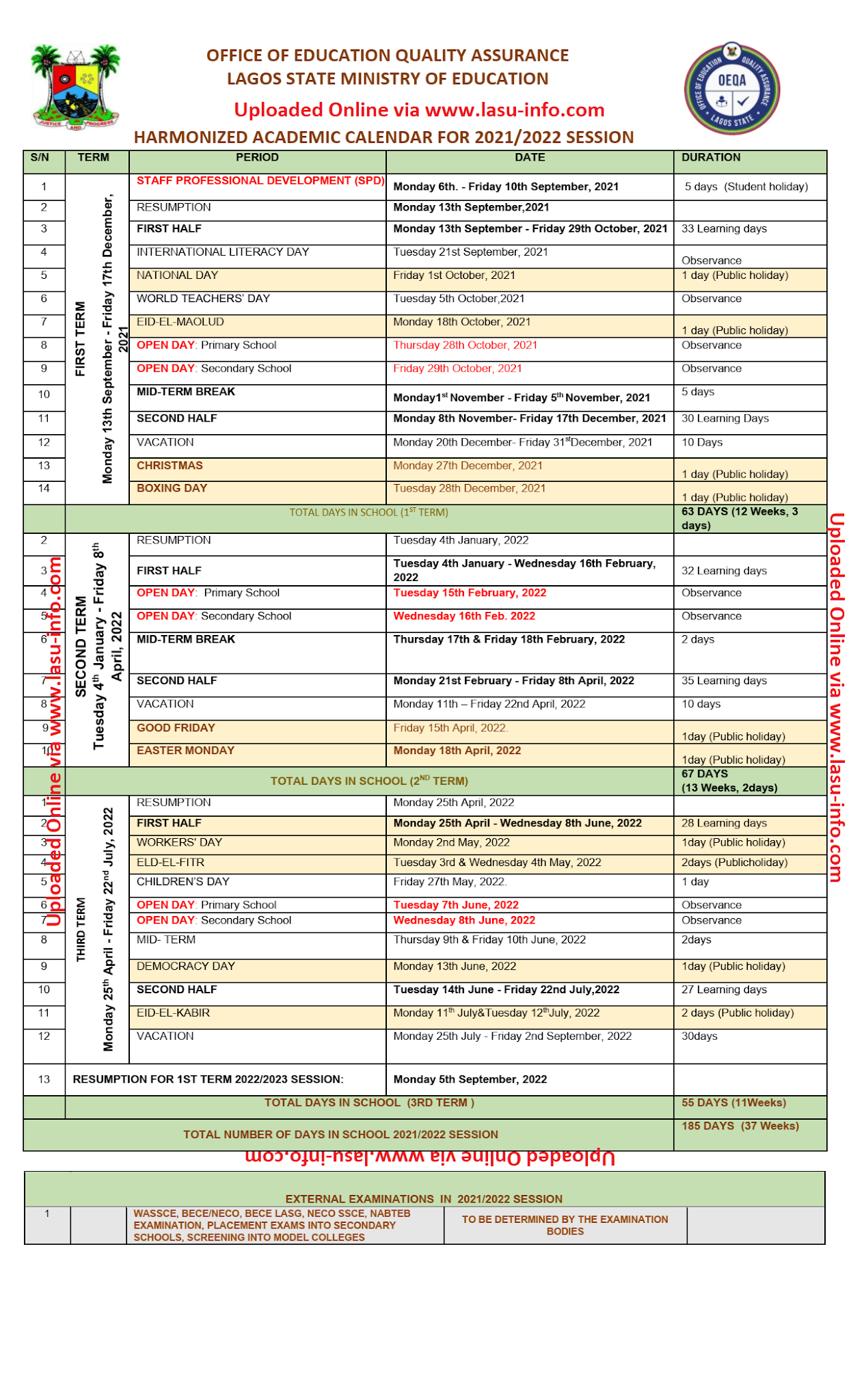 Lagos State Calendar 2025 2026