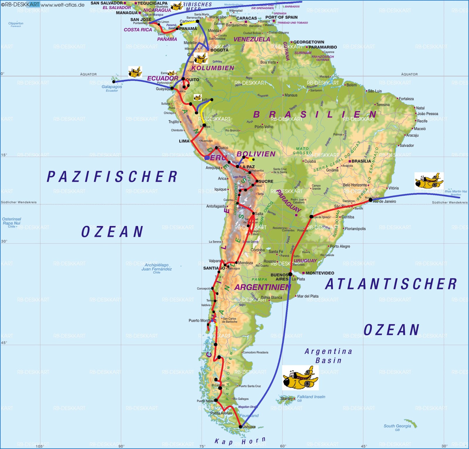 Reiseroute Südamerika Karte