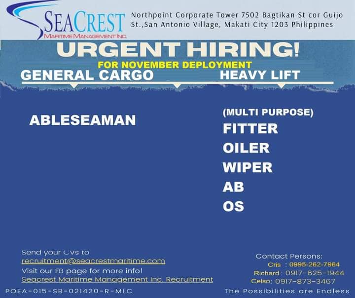 Ab, o/s, wiper, oiler, fitter for general cargo and heavy lift ships