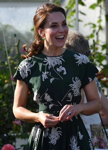 Kate Middleton wore Rochas Floral Printed Silk Crepe de Chine Dress, L.K. Bennett Fern pumps and Monica Vinader Siren Wire Earrings