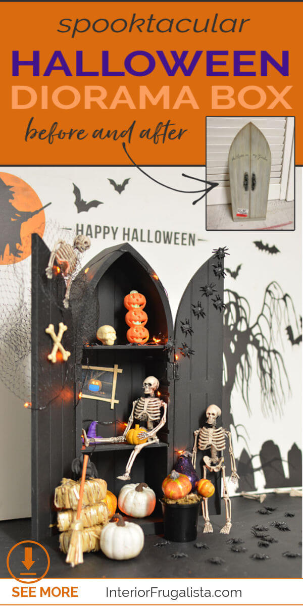 A Spooktacular Halloween Diorama Box by Interior Frugalista made an upcycled thrifted wall mount figurine display shelf and inexpensive dollar store finds. A fun lighted Halloween decoration idea! #halloweenboxes #halloweendioramabox