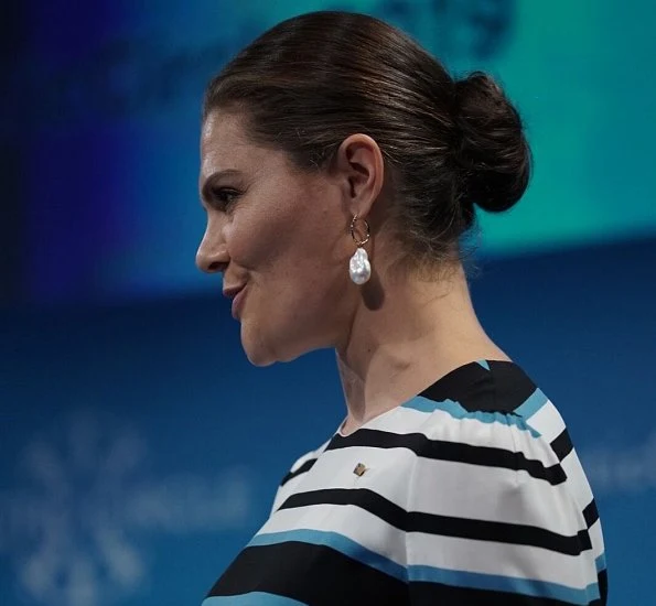 Crown Princess Victoria wore a printed midi dress by Dolce & Gabbana. In2Design Baroque Pearl earrings Kate Middleton