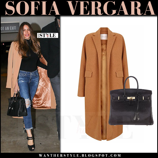Sofia Vergara In Camel Coat With Black Hermes Bag West Hollywood Sofia Vergara In Camel Coat The 2nd Skin Co Ripped Skinny Jeans With Black Leather