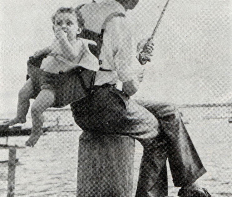 Baby Rides in a “Rumble Seat” When Daddy Goes Fishing, 1938 Vintage
