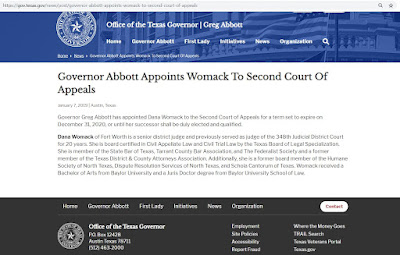  Appointment of Dana Womack to 2nd Court of Appeals in Fort Worth, Texas 
