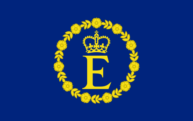 Personal flag of Queen Elizabeth II. Shows a large golden letter E with a golden crown above it, together surrounded by a circular golden garland of flowers, all over a dark blue background
