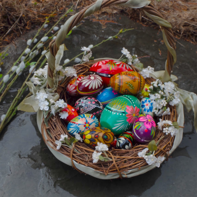 Basket of Pysanky eggs.